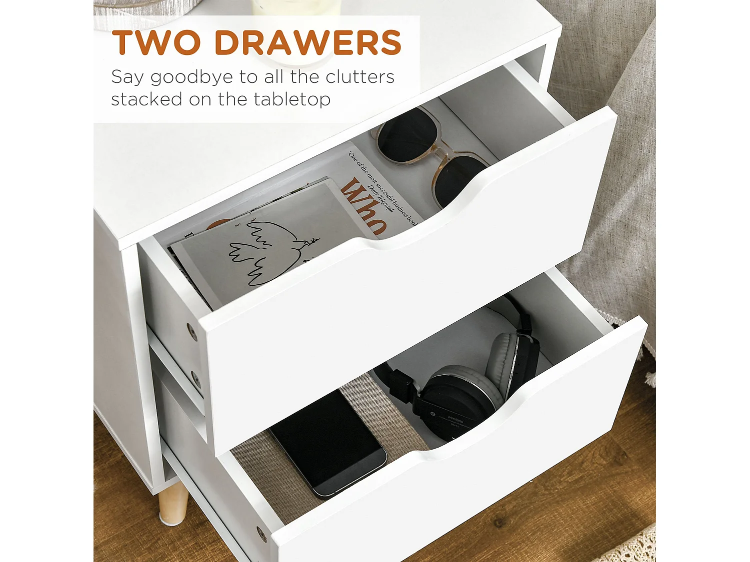 Dodomi Suke 2 Drawer Bedside Table White with Natural Pine Legs