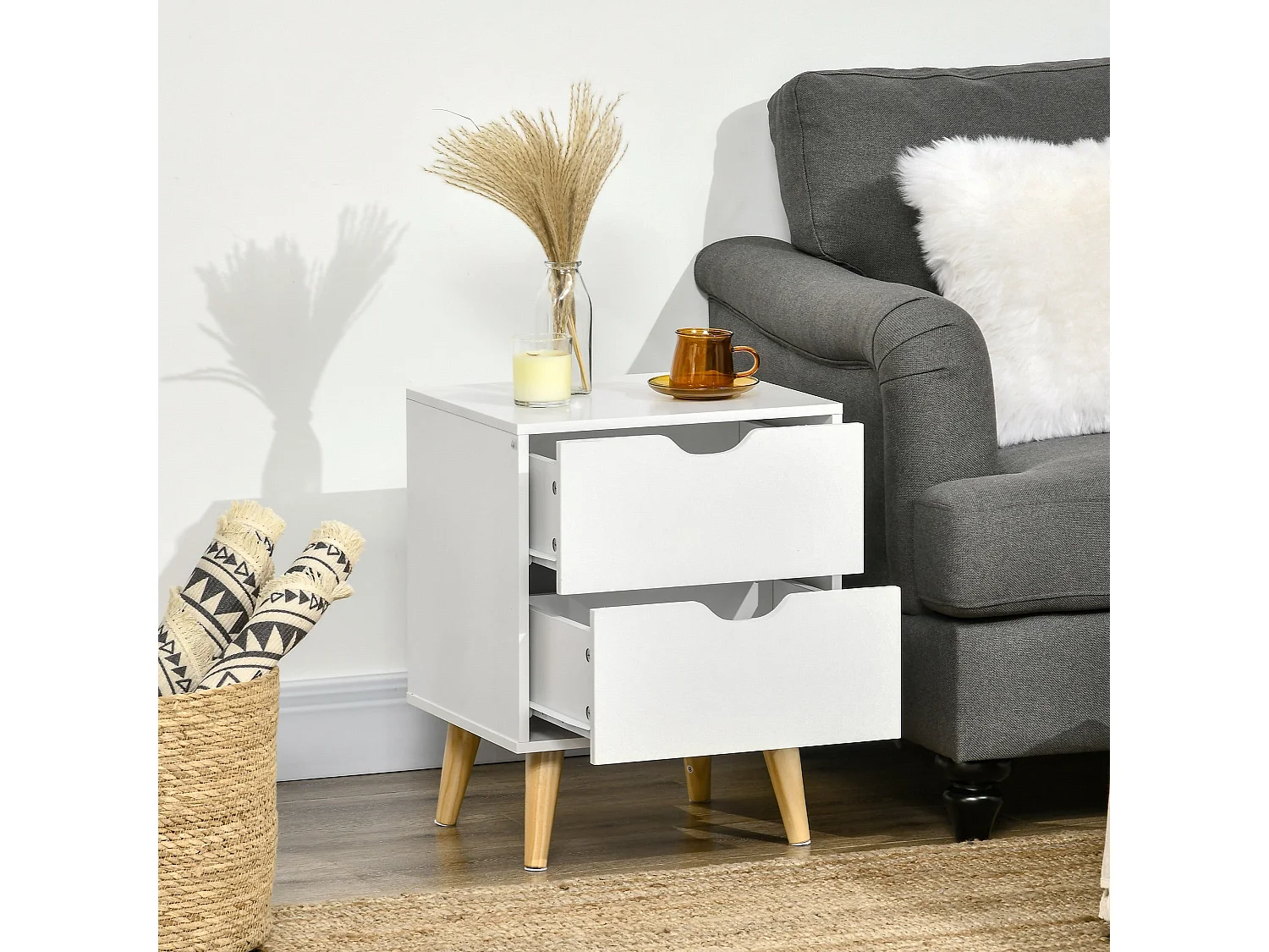 Dodomi Suke 2 Drawer Bedside Table White with Natural Pine Legs