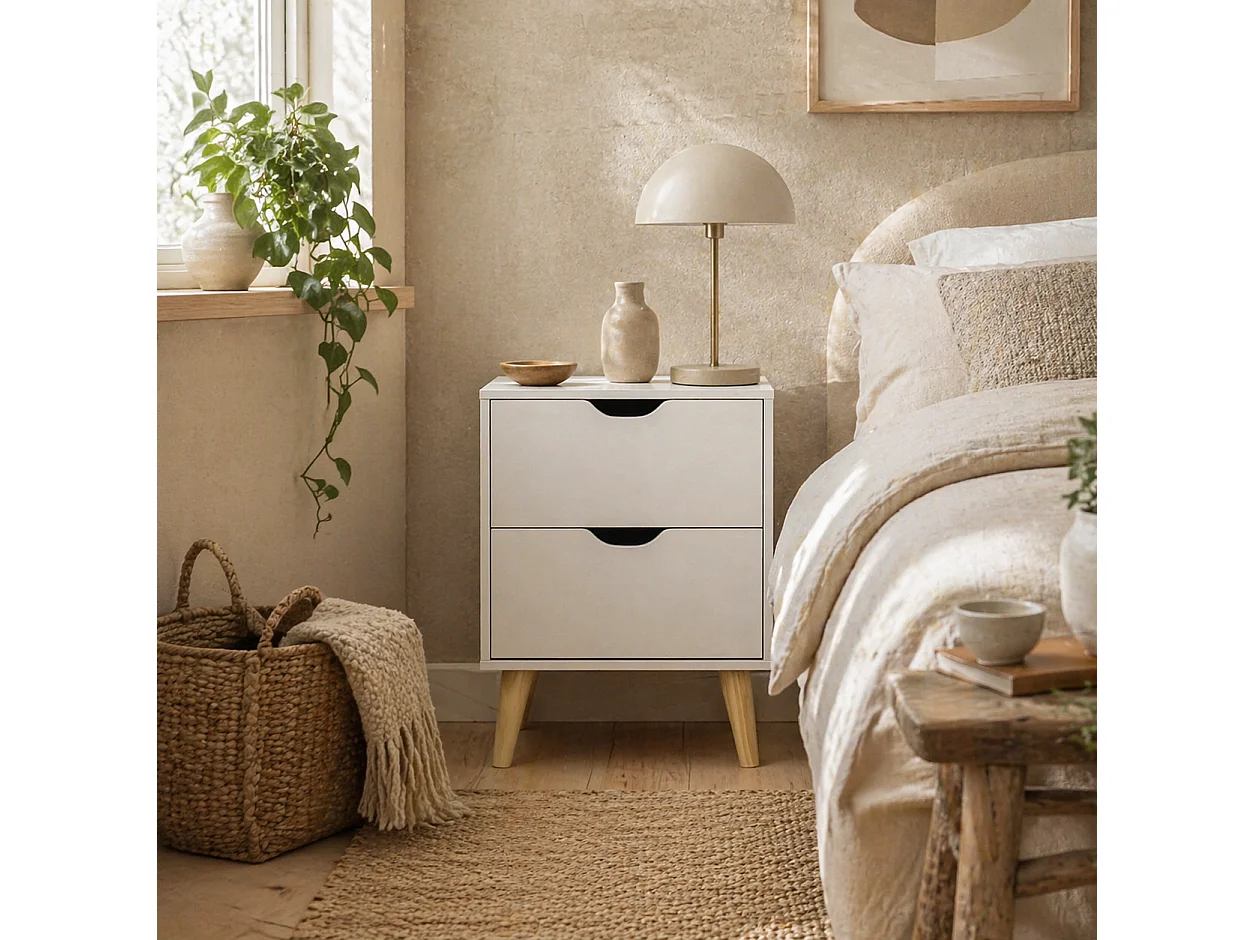 Dodomi Suke 2 Drawer Bedside Table White with Natural Pine Legs