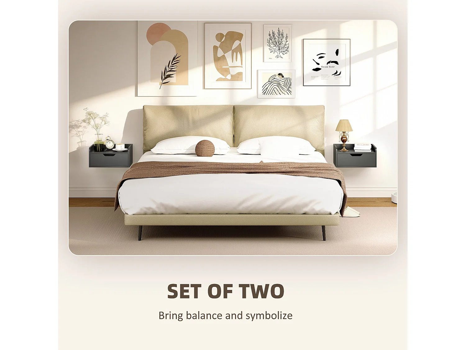 Levaco Set of 2 Wall Mounted Black Wooden Bedside Tables with Drawer