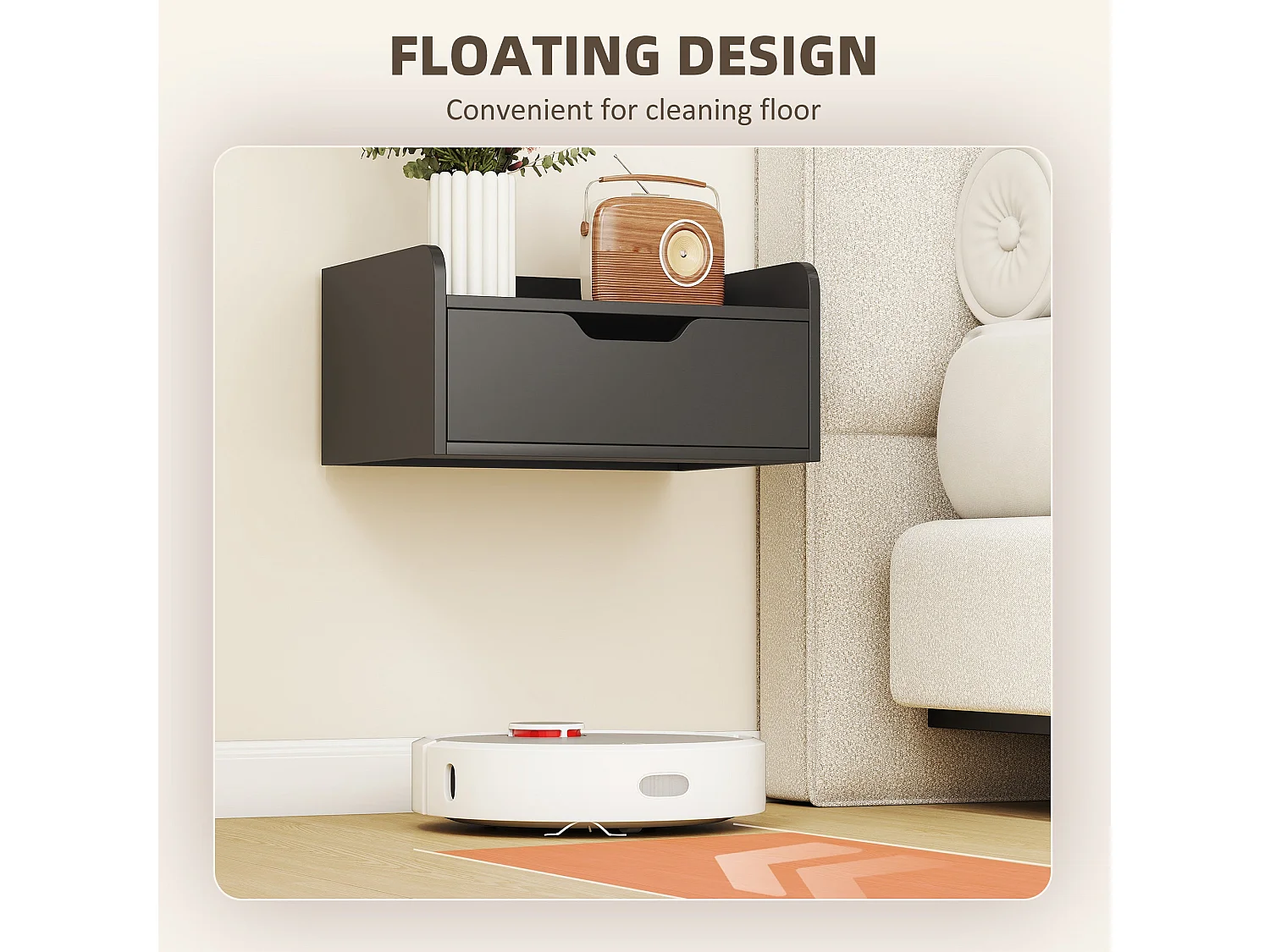 Levaco Set of 2 Wall Mounted Black Wooden Bedside Tables with Drawer