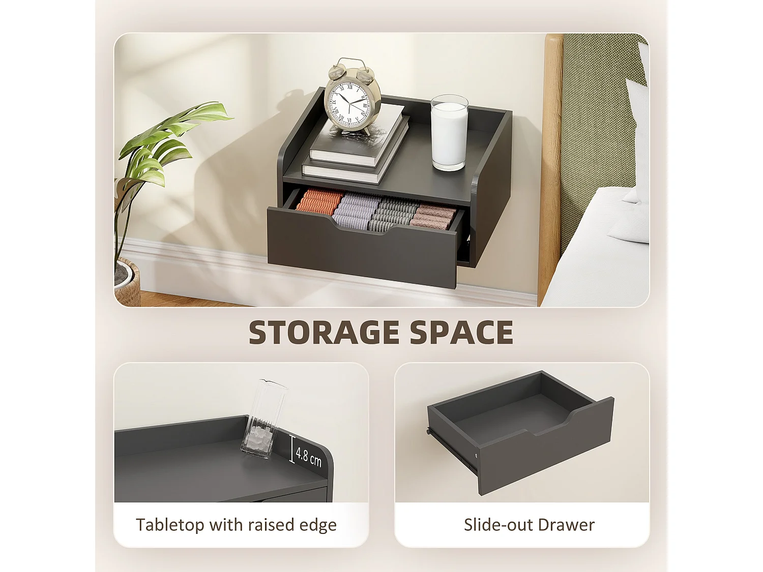 Levaco Set of 2 Wall Mounted Black Wooden Bedside Tables with Drawer