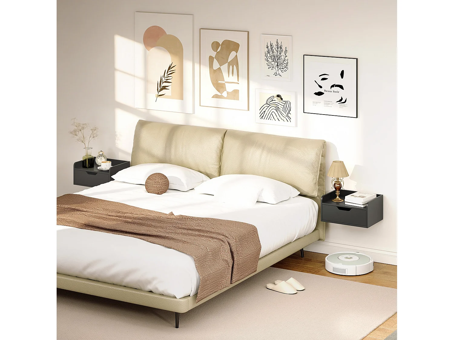 Levaco Set of 2 Wall Mounted Black Wooden Bedside Tables with Drawer