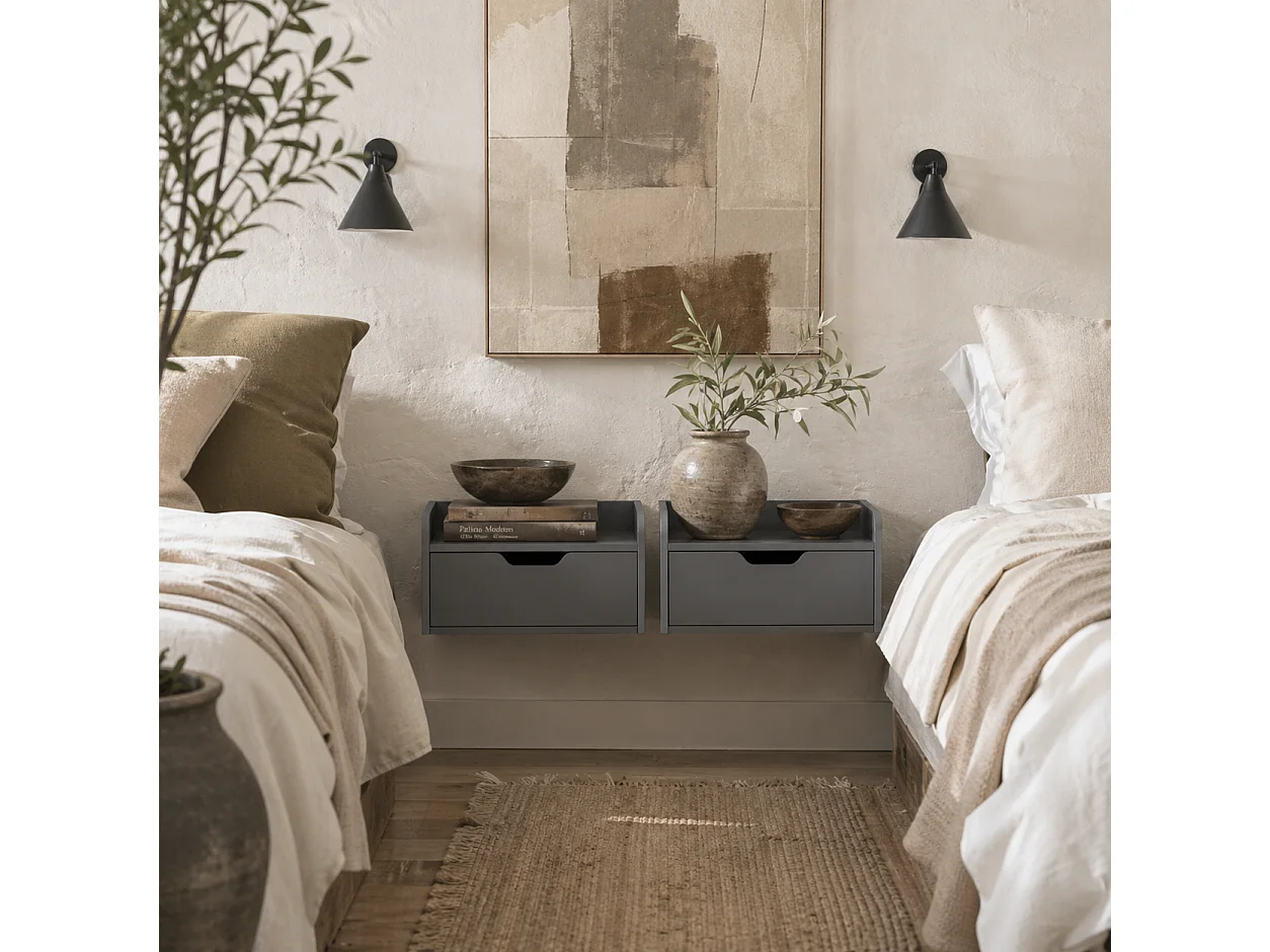 Levaco Set of 2 Wall Mounted Black Wooden Bedside Tables with Drawer