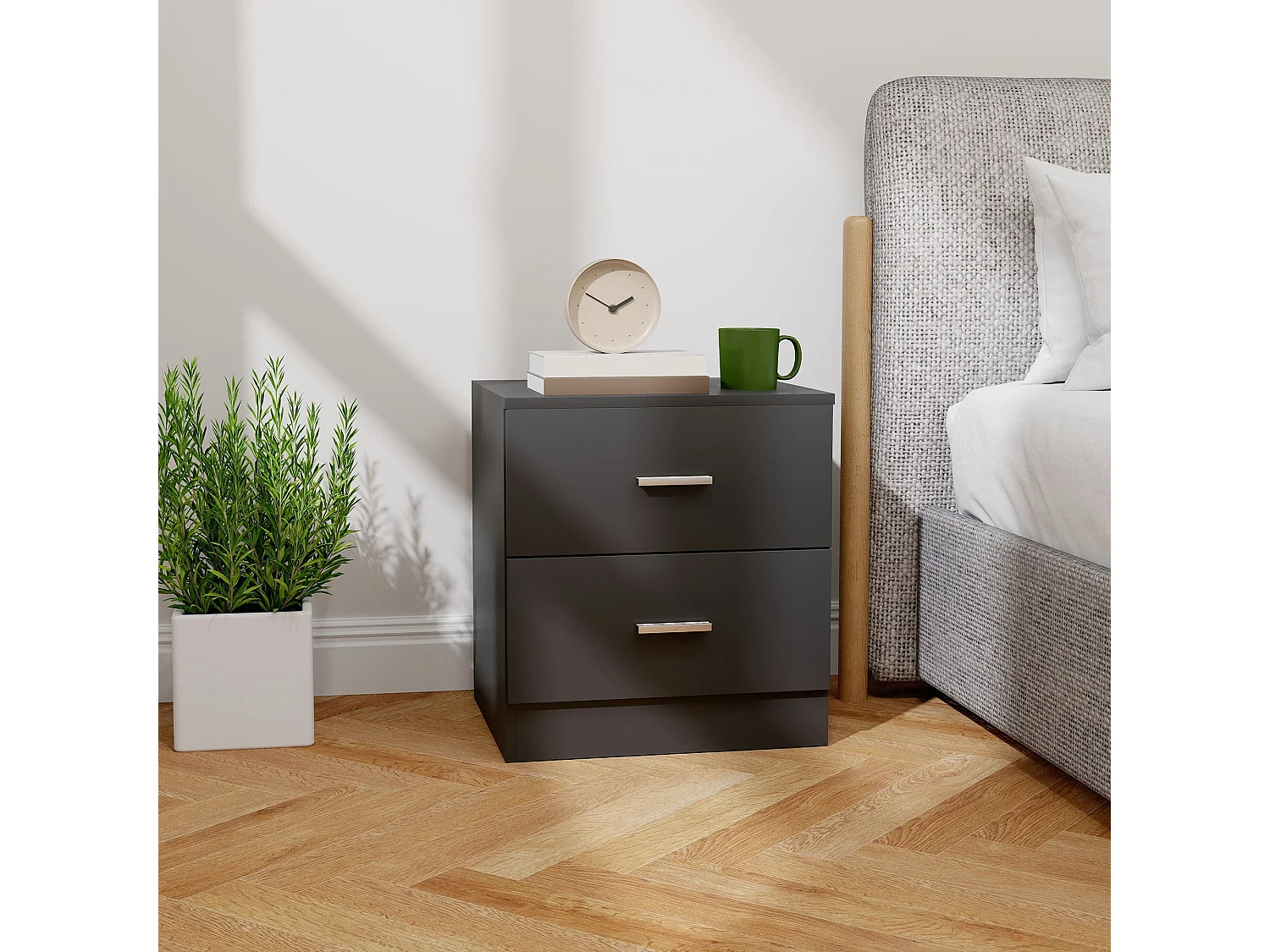 Rapa Raka Black Modern Bedside Table with 2 Sliding Drawers