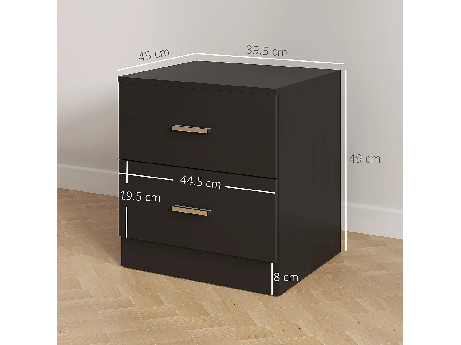 Rapa Raka Black Modern Bedside Table with 2 Sliding Drawers