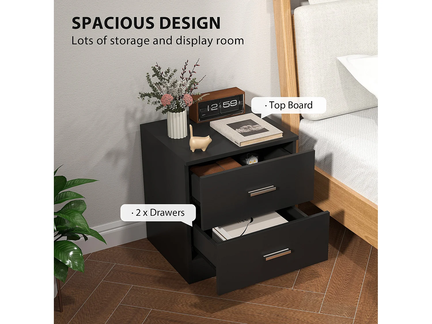 Rapa Raka Black Modern Bedside Table with 2 Sliding Drawers