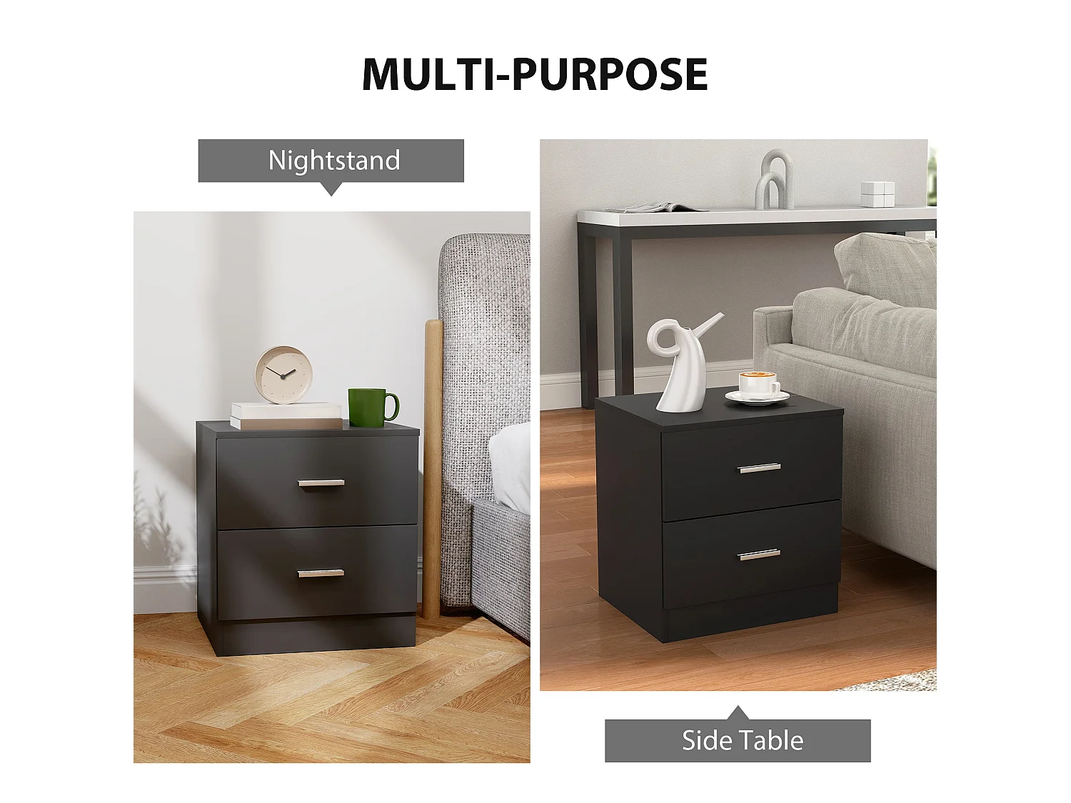 Rapa Raka Black Modern Bedside Table with 2 Sliding Drawers