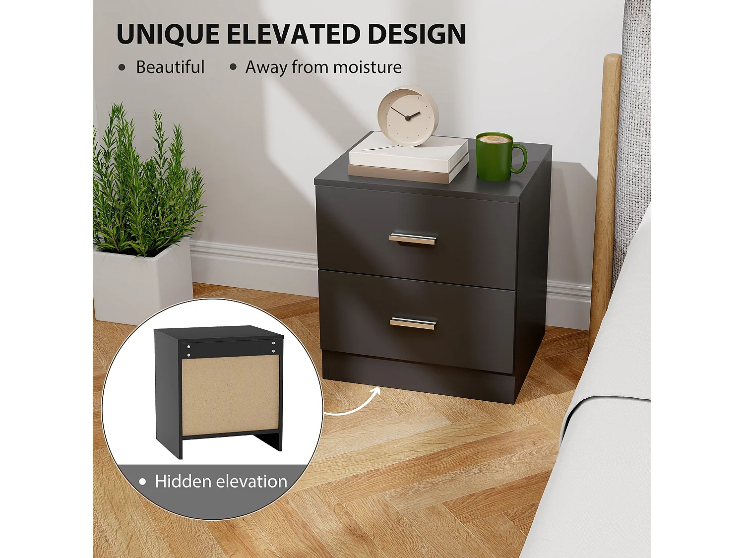Rapa Raka Black Modern Bedside Table with 2 Sliding Drawers