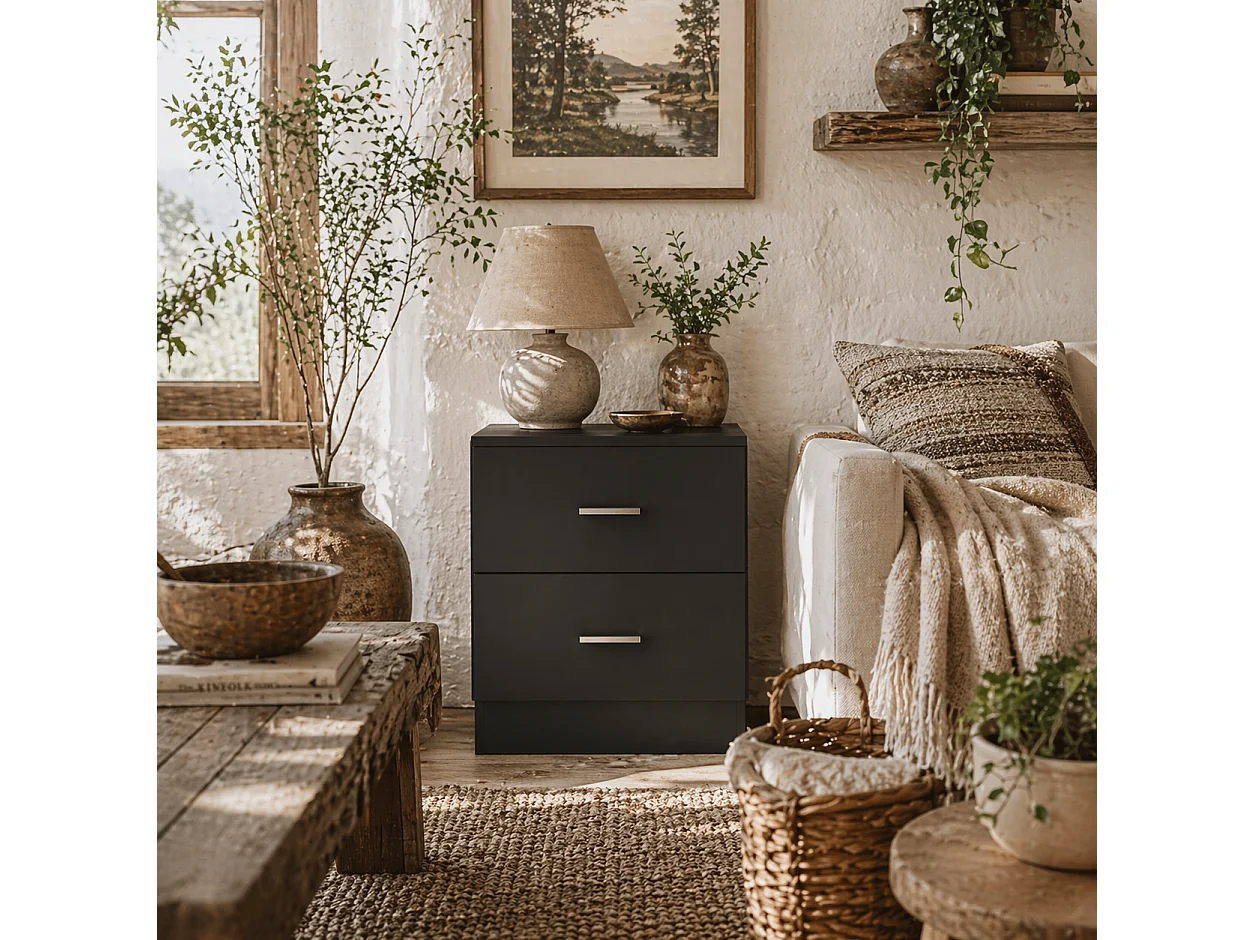Rapa Raka Black Modern Bedside Table with 2 Sliding Drawers