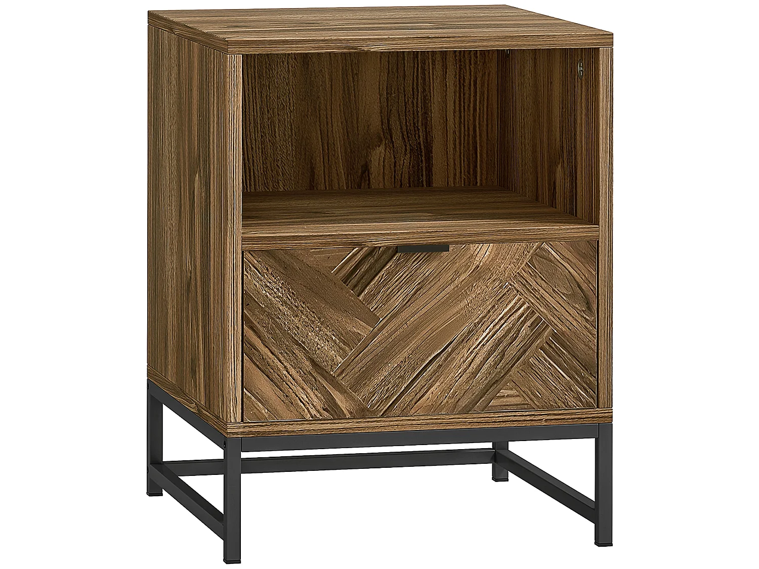 Kazi Brown Wood Effect Bedside Table with Drawer Open Shelf and Black Steel Legs