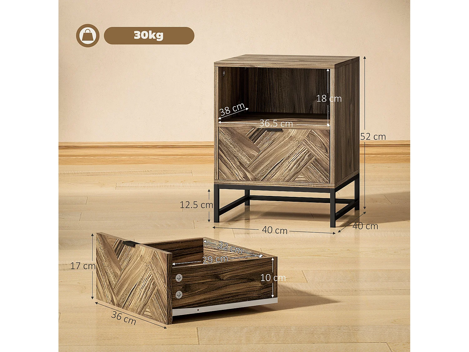 Kazi Brown Wood Effect Bedside Table with Drawer Open Shelf and Black Steel Legs