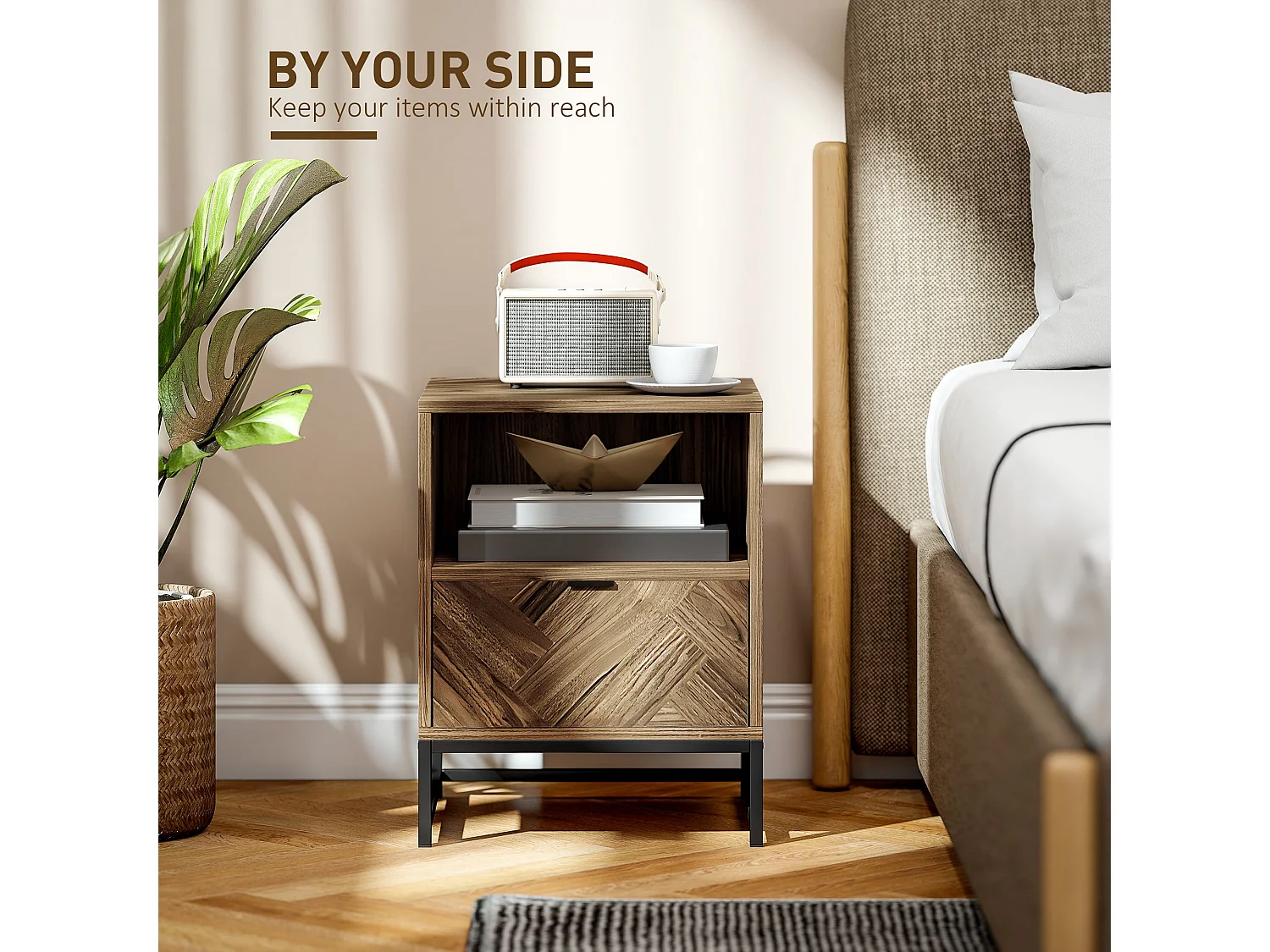 Kazi Brown Wood Effect Bedside Table with Drawer Open Shelf and Black Steel Legs