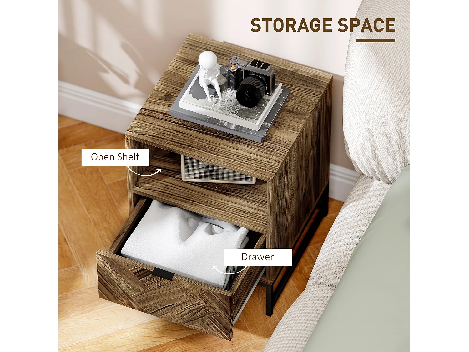 Kazi Brown Wood Effect Bedside Table with Drawer Open Shelf and Black Steel Legs