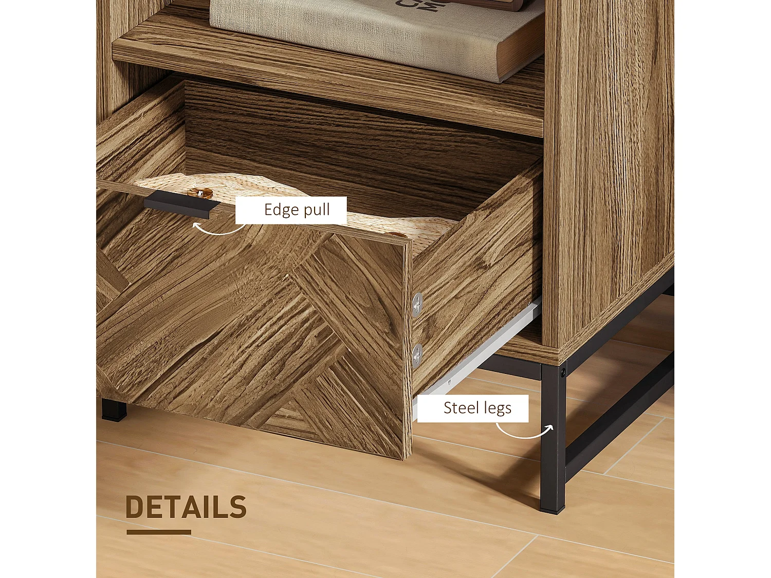 Kazi Brown Wood Effect Bedside Table with Drawer Open Shelf and Black Steel Legs