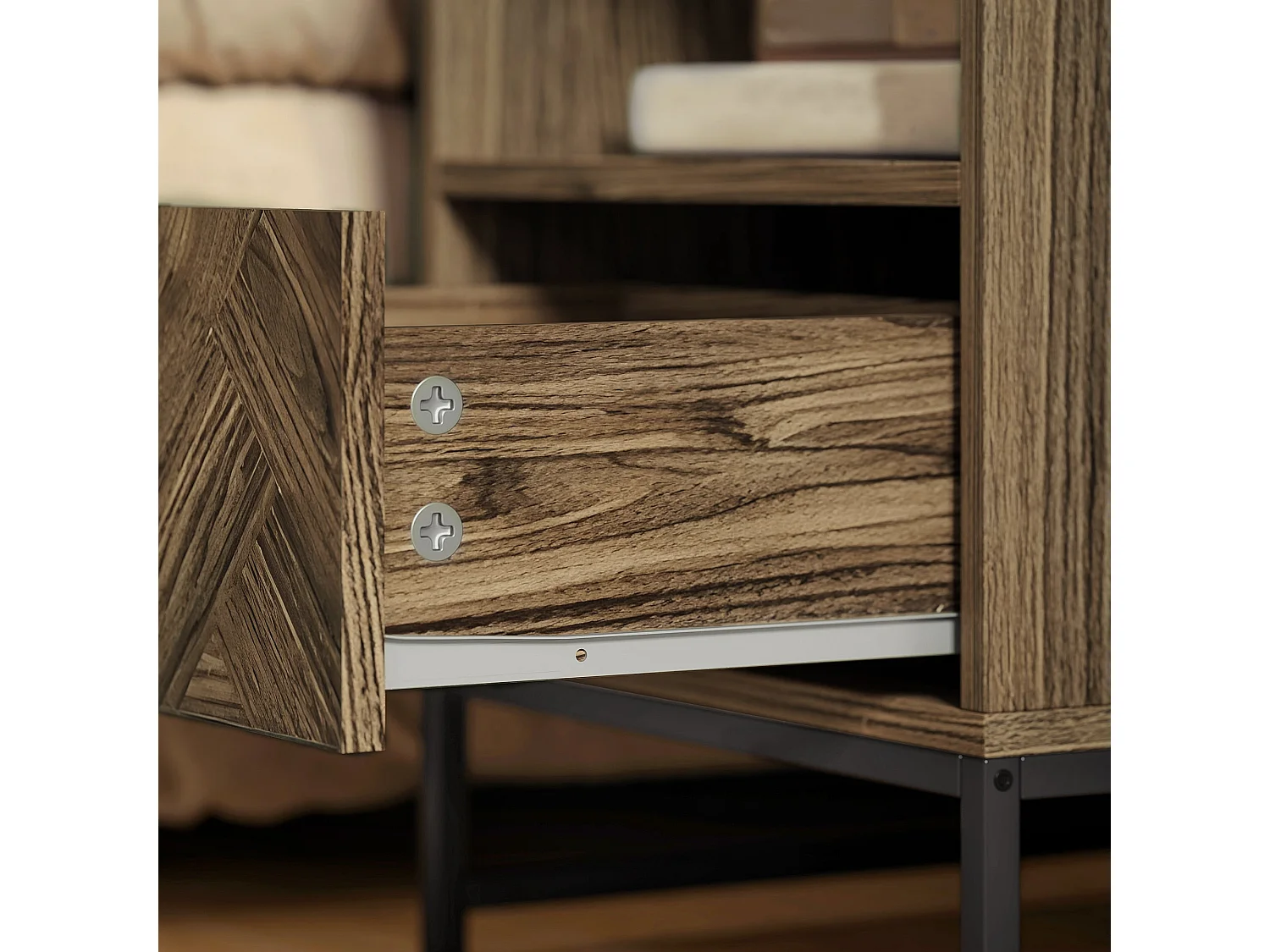 Kazi Brown Wood Effect Bedside Table with Drawer Open Shelf and Black Steel Legs