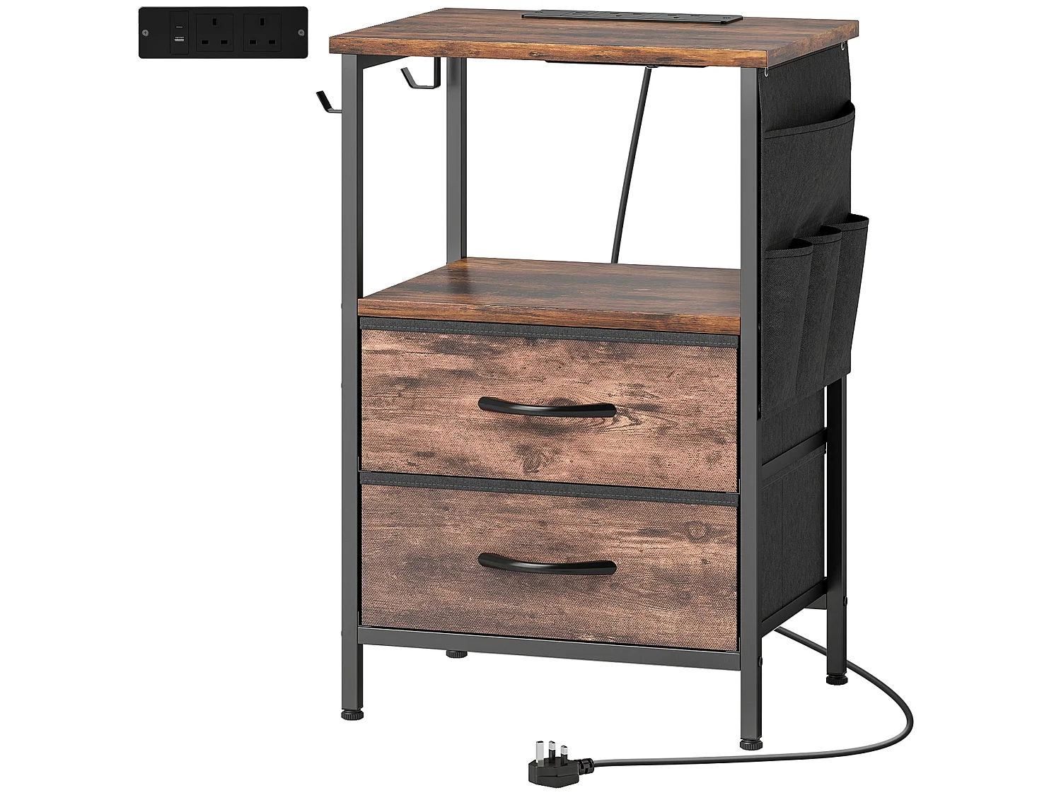 Yoroma Rustic Brown Bedside Table with Built in Charging Ports and Storage