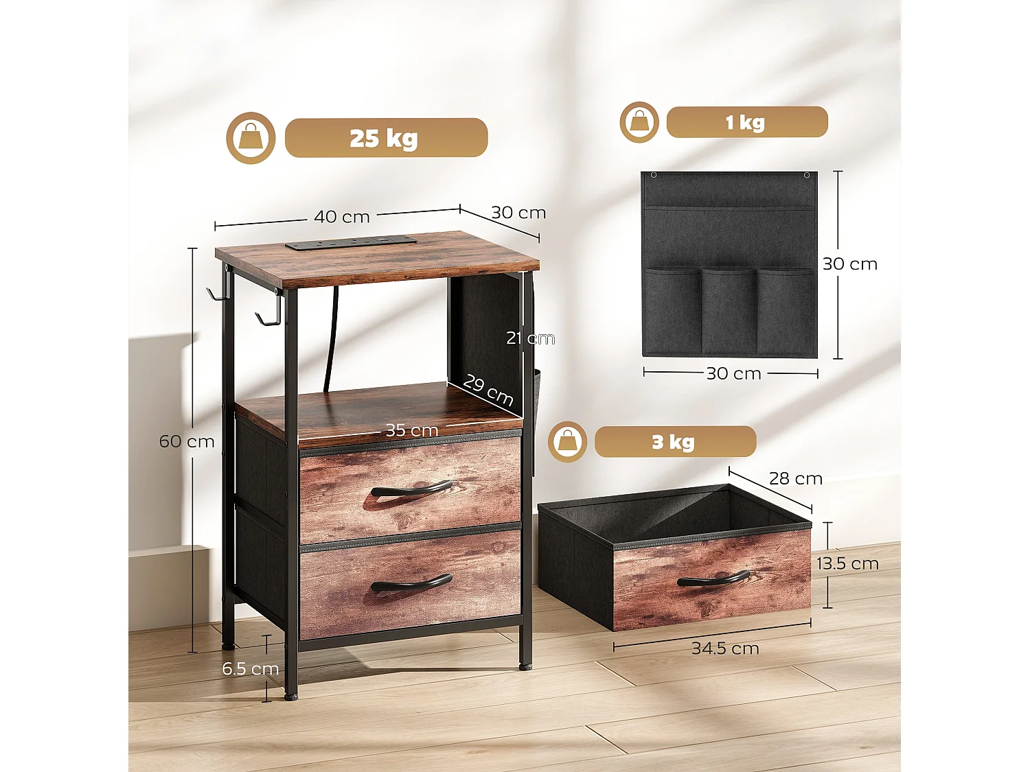 Yoroma Rustic Brown Bedside Table with Built in Charging Ports and Storage