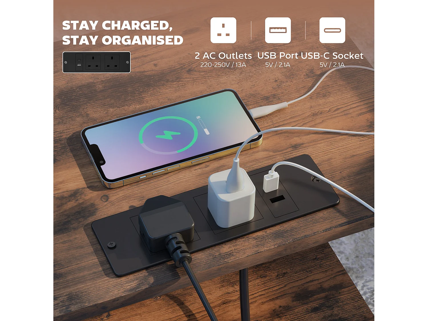 Yoroma Rustic Brown Bedside Table with Built in Charging Ports and Storage