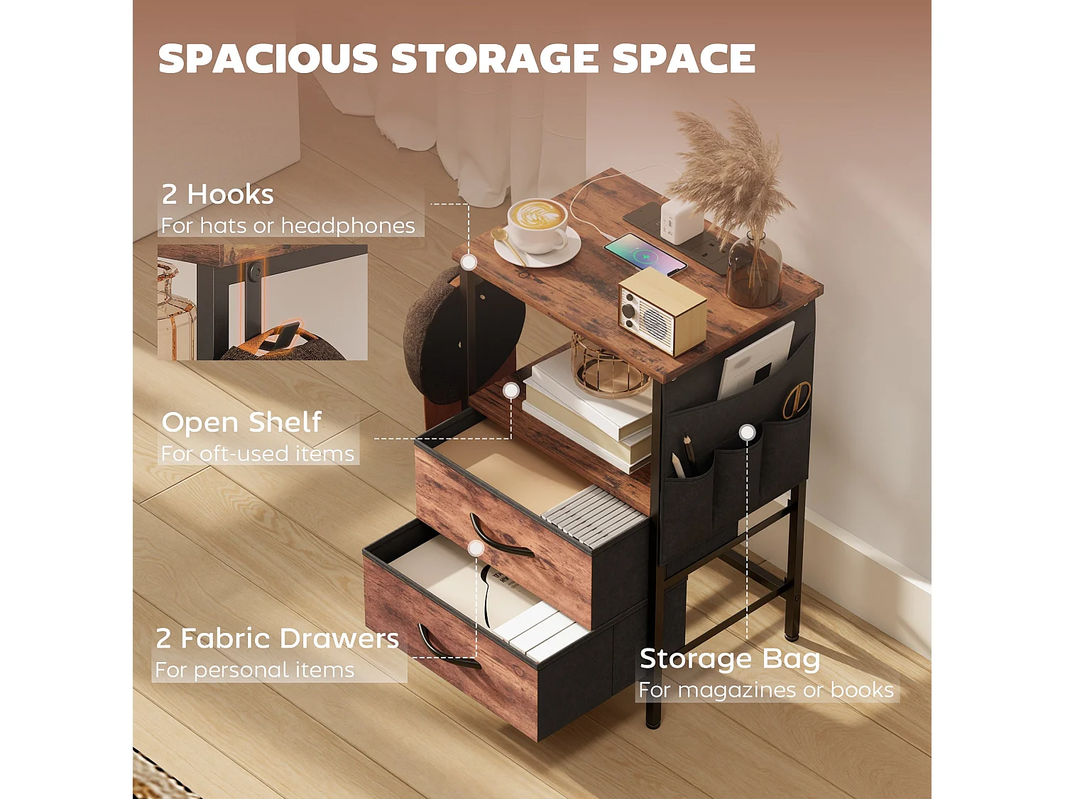 Yoroma Rustic Brown Bedside Table with Built in Charging Ports and Storage