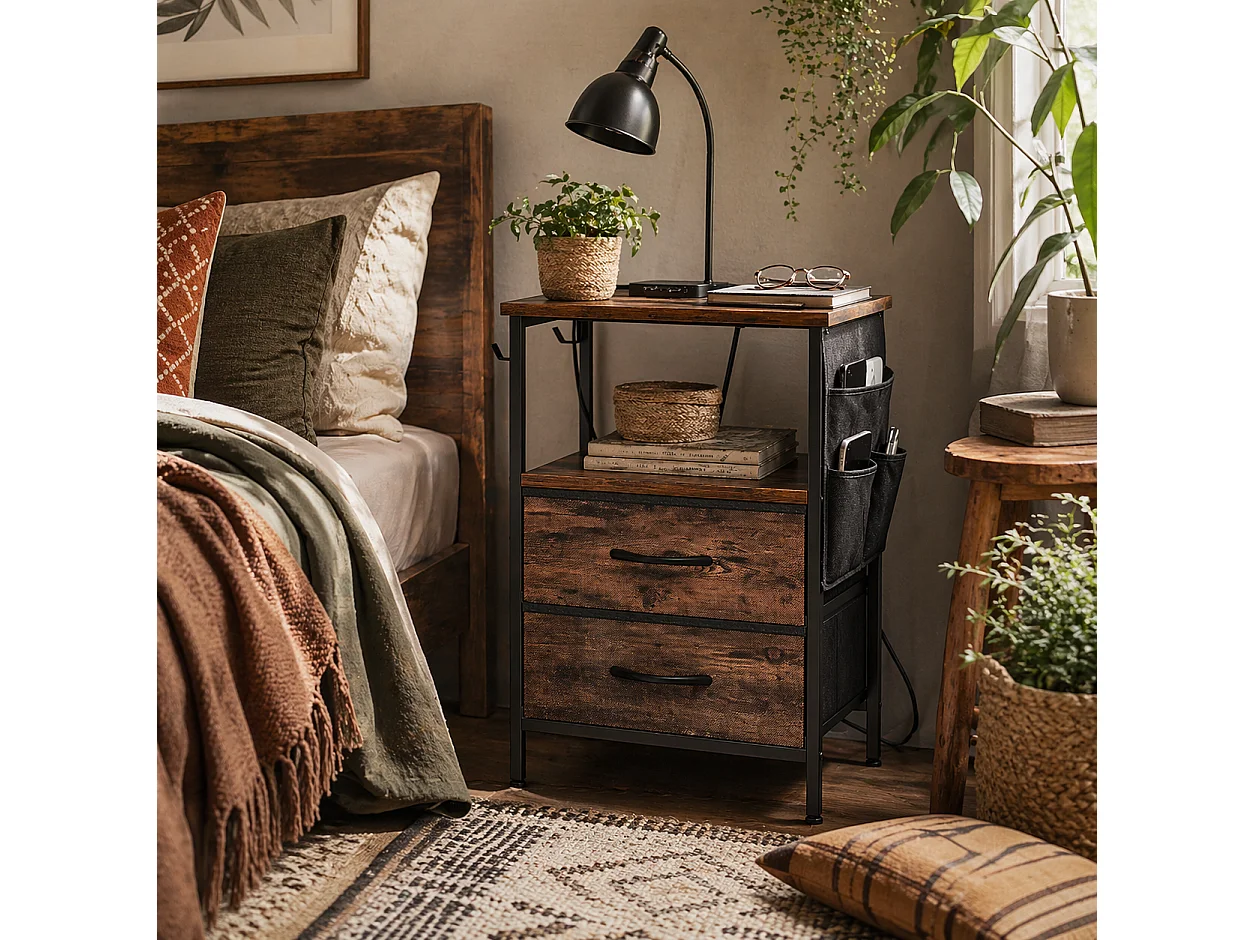 Yoroma Rustic Brown Bedside Table with Built in Charging Ports and Storage