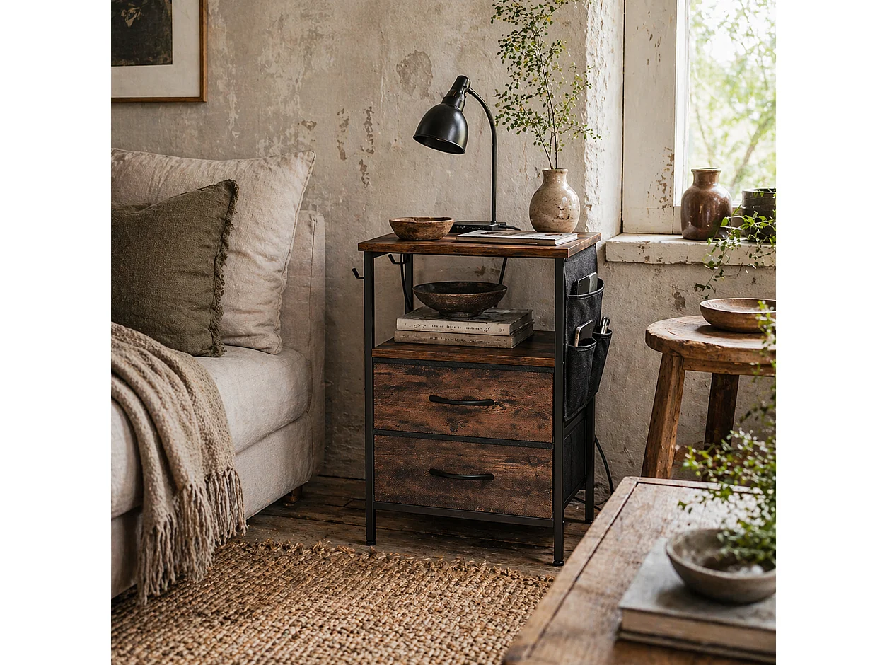 Yoroma Rustic Brown Bedside Table with Built in Charging Ports and Storage