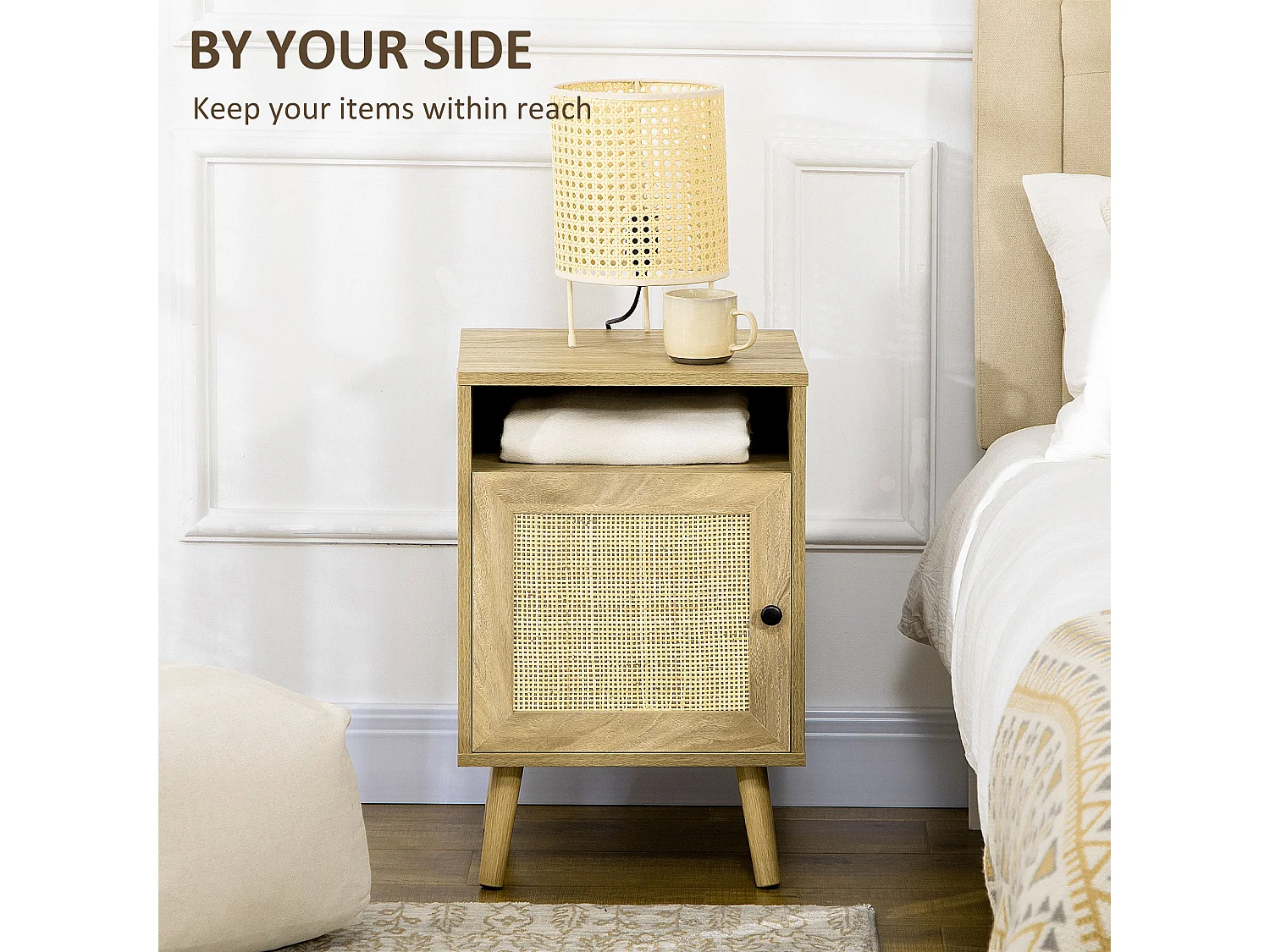Nepale Natural Wooden Rattan Bedside Table with Drawer and Shelf