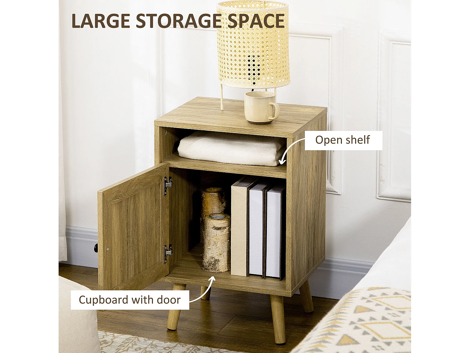 Nepale Natural Wooden Rattan Bedside Table with Drawer and Shelf