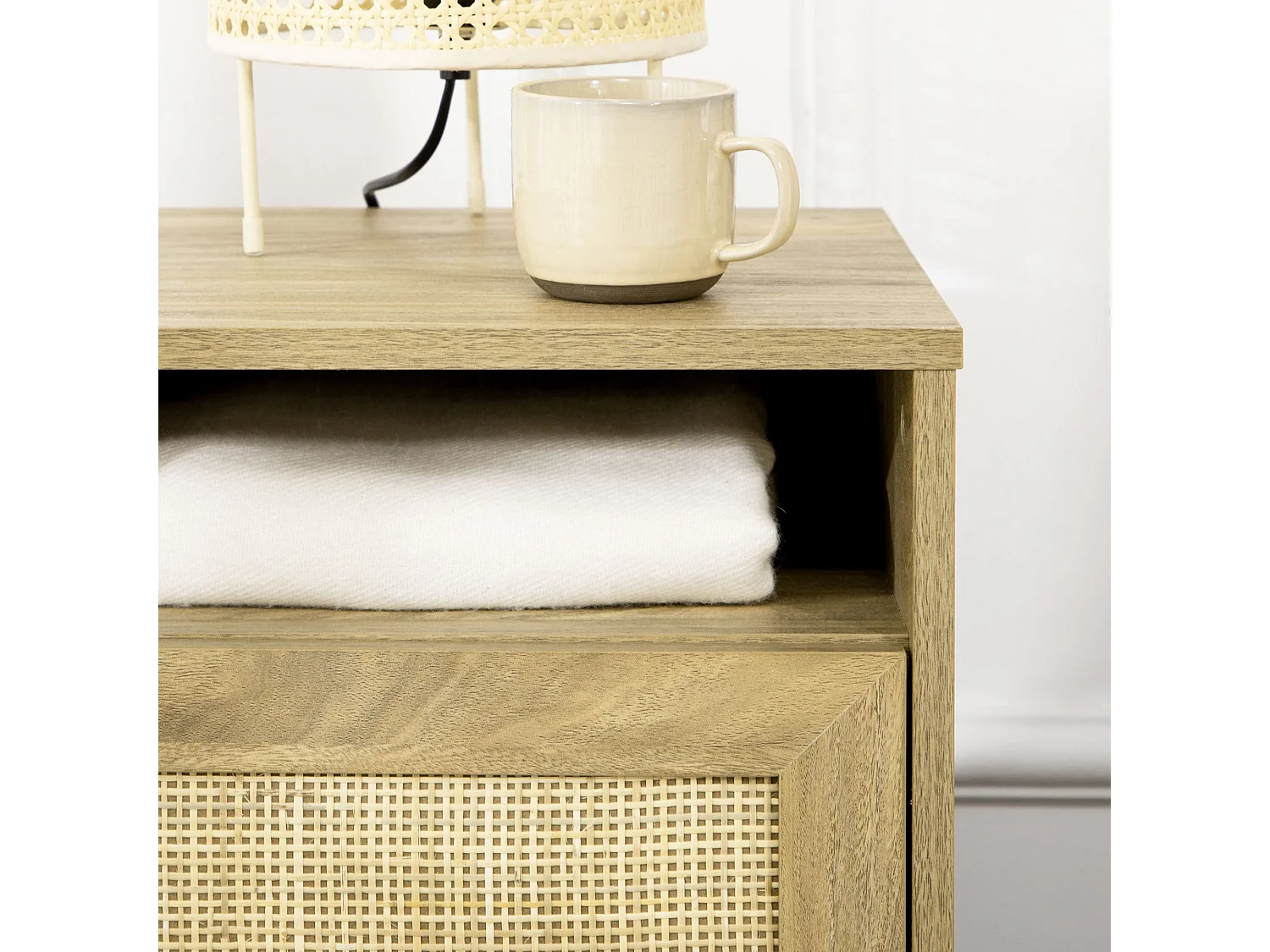 Nepale Natural Wooden Rattan Bedside Table with Drawer and Shelf