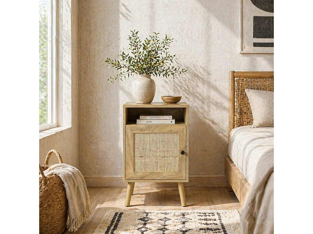 Nepale Natural Wooden Rattan Bedside Table with Drawer and Shelf