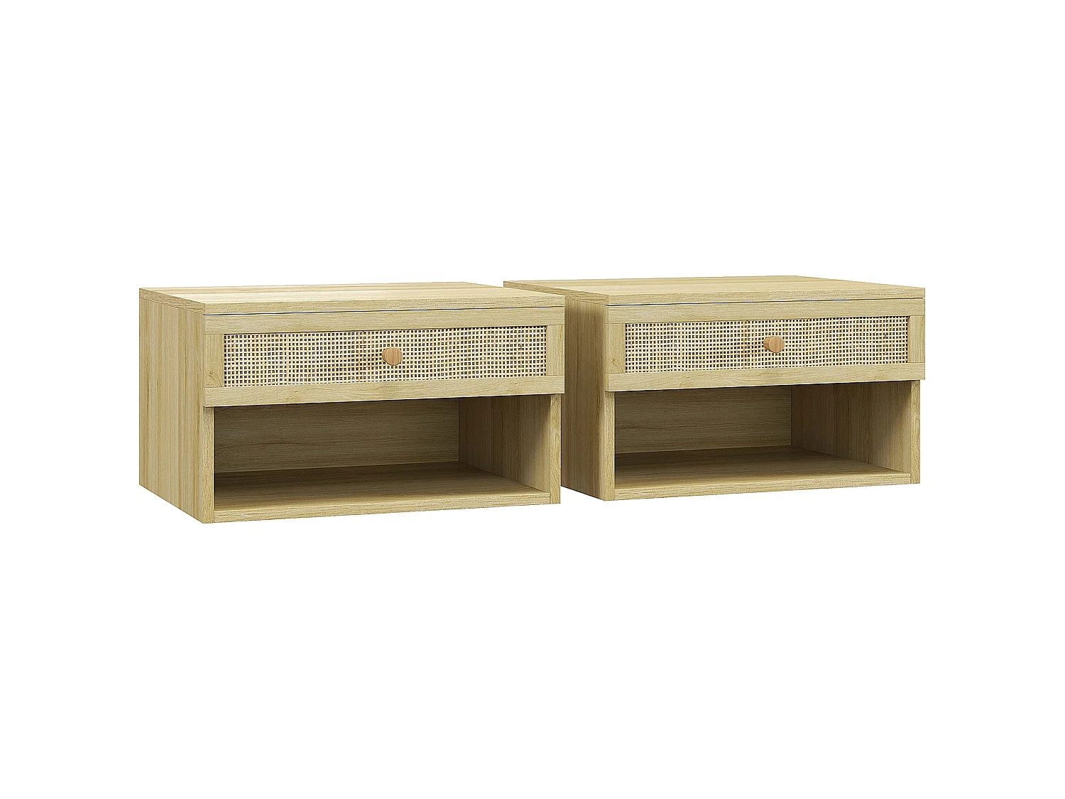 Tovelu Set of 2 Wood Effect Floating Bedside Tables with Rattan Panels