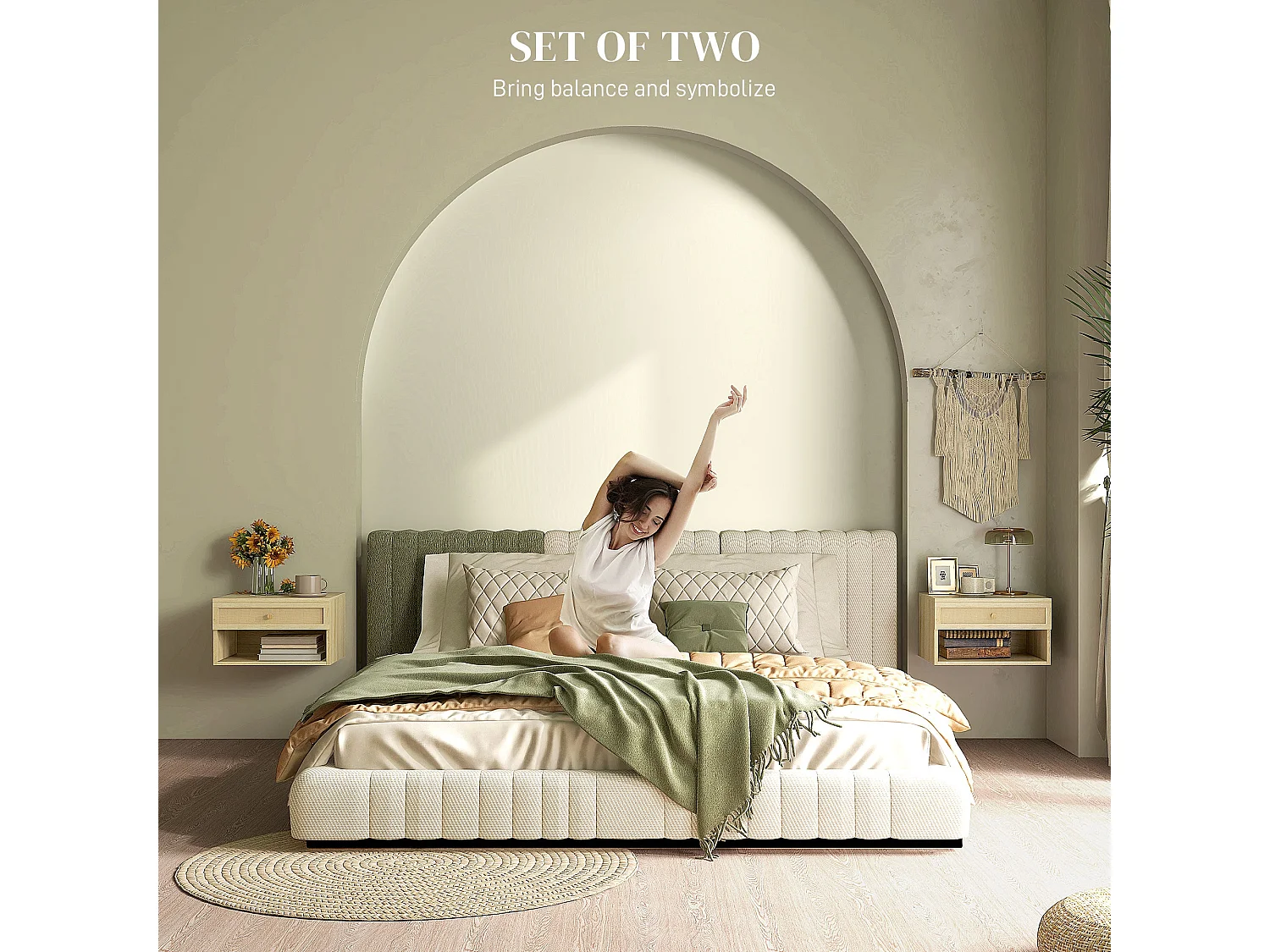 Tovelu Set of 2 Wood Effect Floating Bedside Tables with Rattan Panels