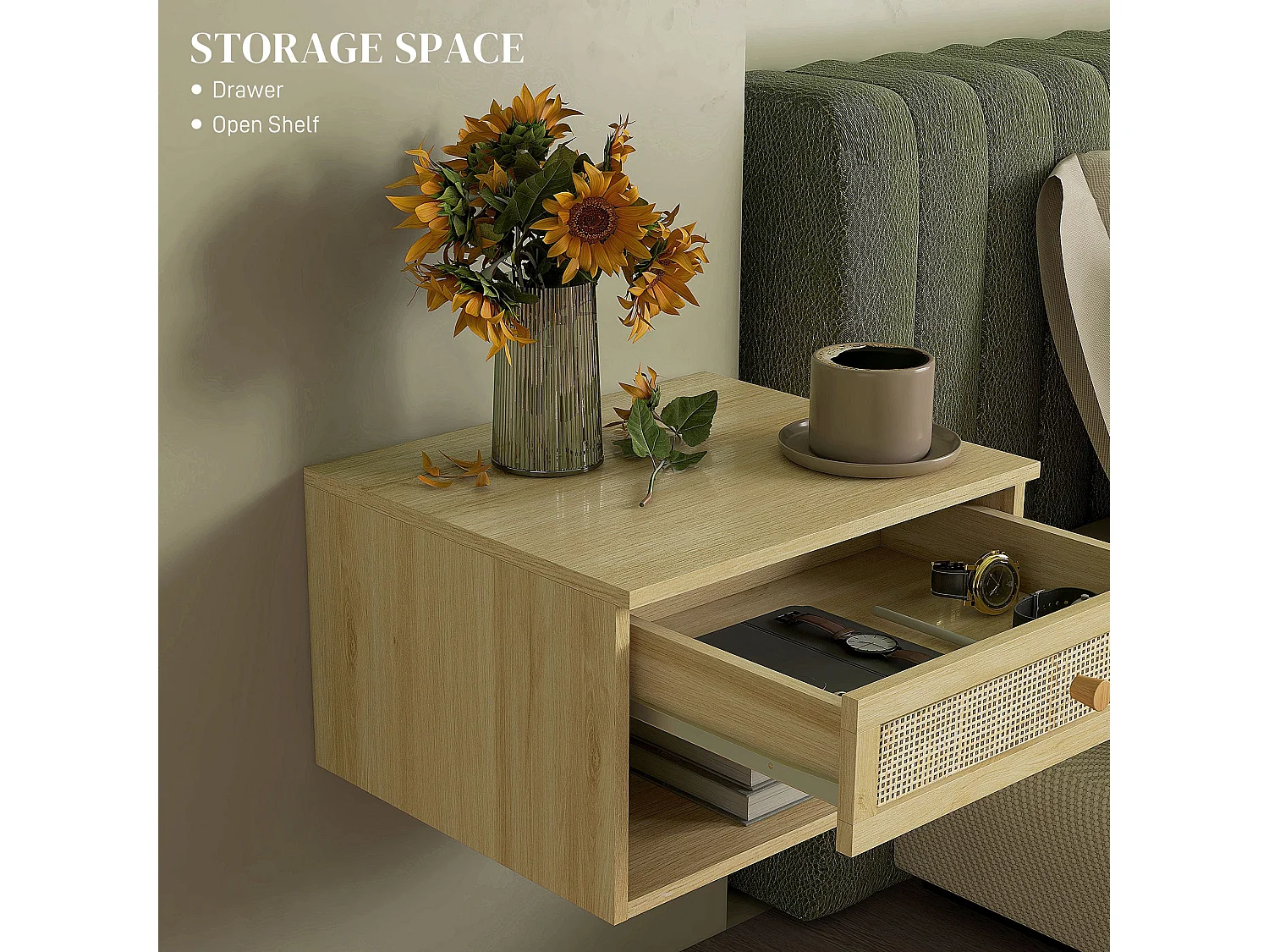 Tovelu Set of 2 Wood Effect Floating Bedside Tables with Rattan Panels