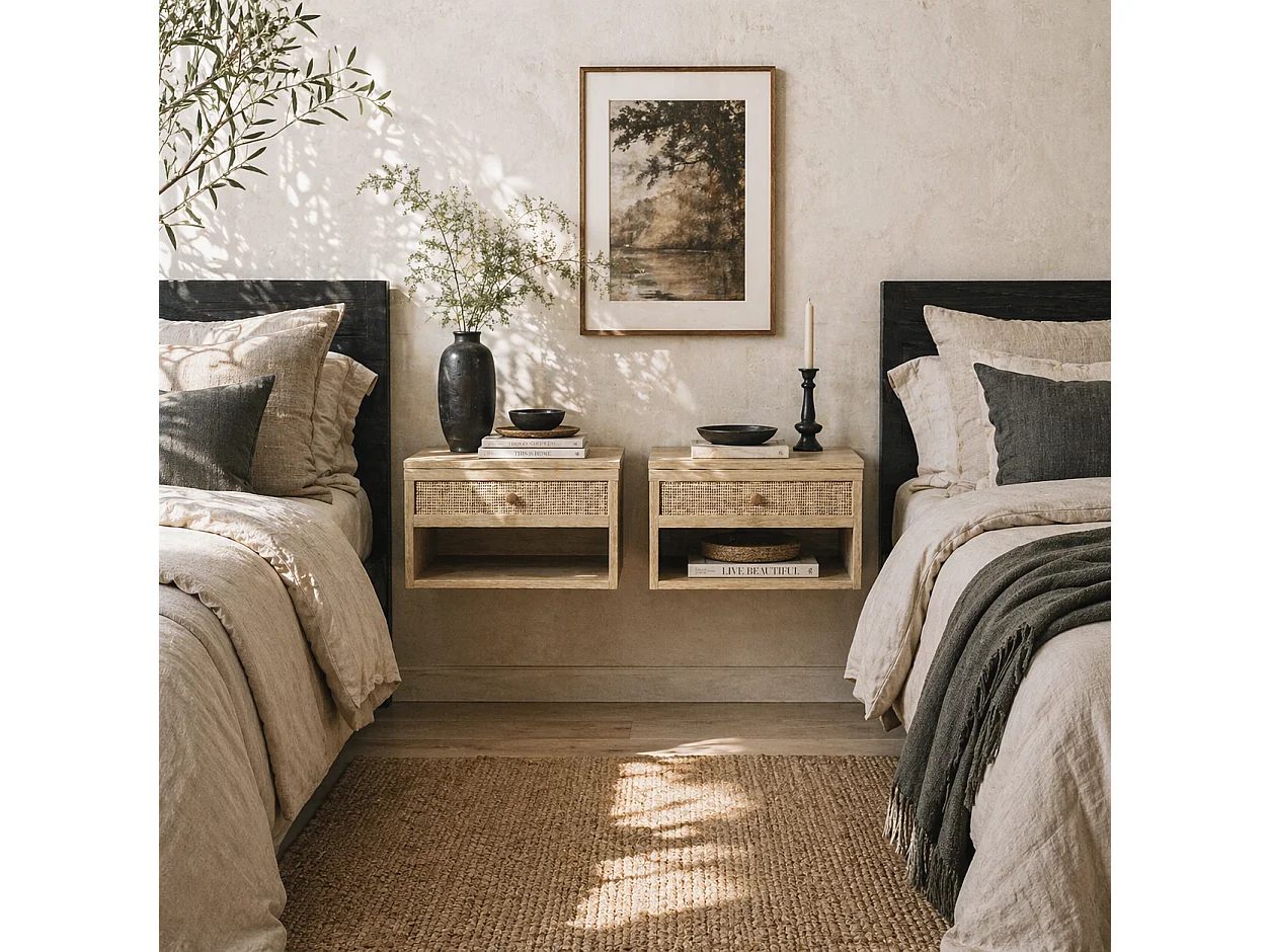 Tovelu Set of 2 Wood Effect Floating Bedside Tables with Rattan Panels