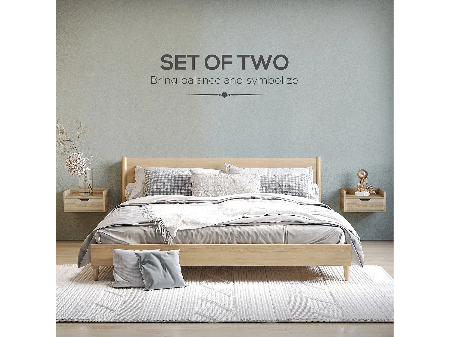 Set of 2 Natural Wood Floating Nightstands with Drawer Wall Mounted