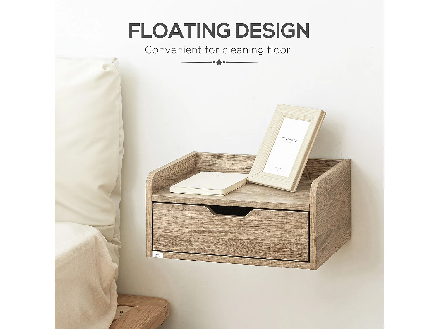 Set of 2 Natural Wood Floating Nightstands with Drawer Wall Mounted