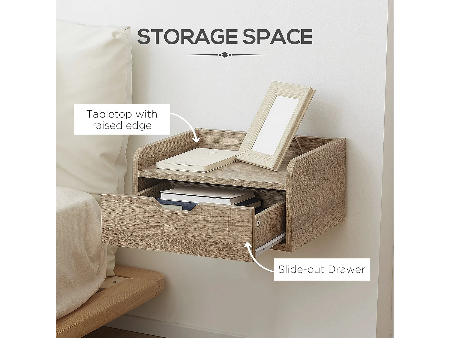 Set of 2 Natural Wood Floating Nightstands with Drawer Wall Mounted