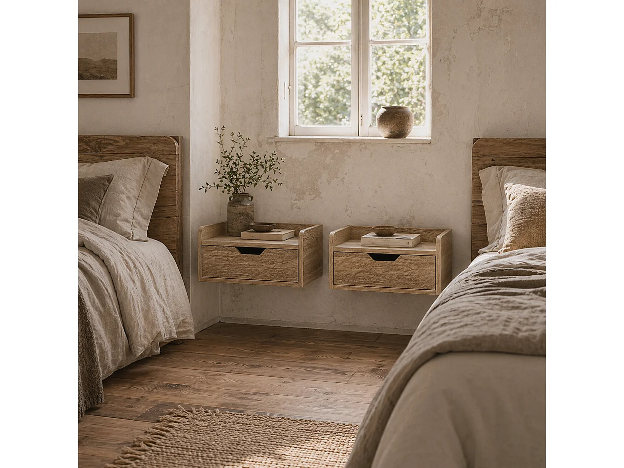 Set of 2 Natural Wood Floating Nightstands with Drawer Wall Mounted