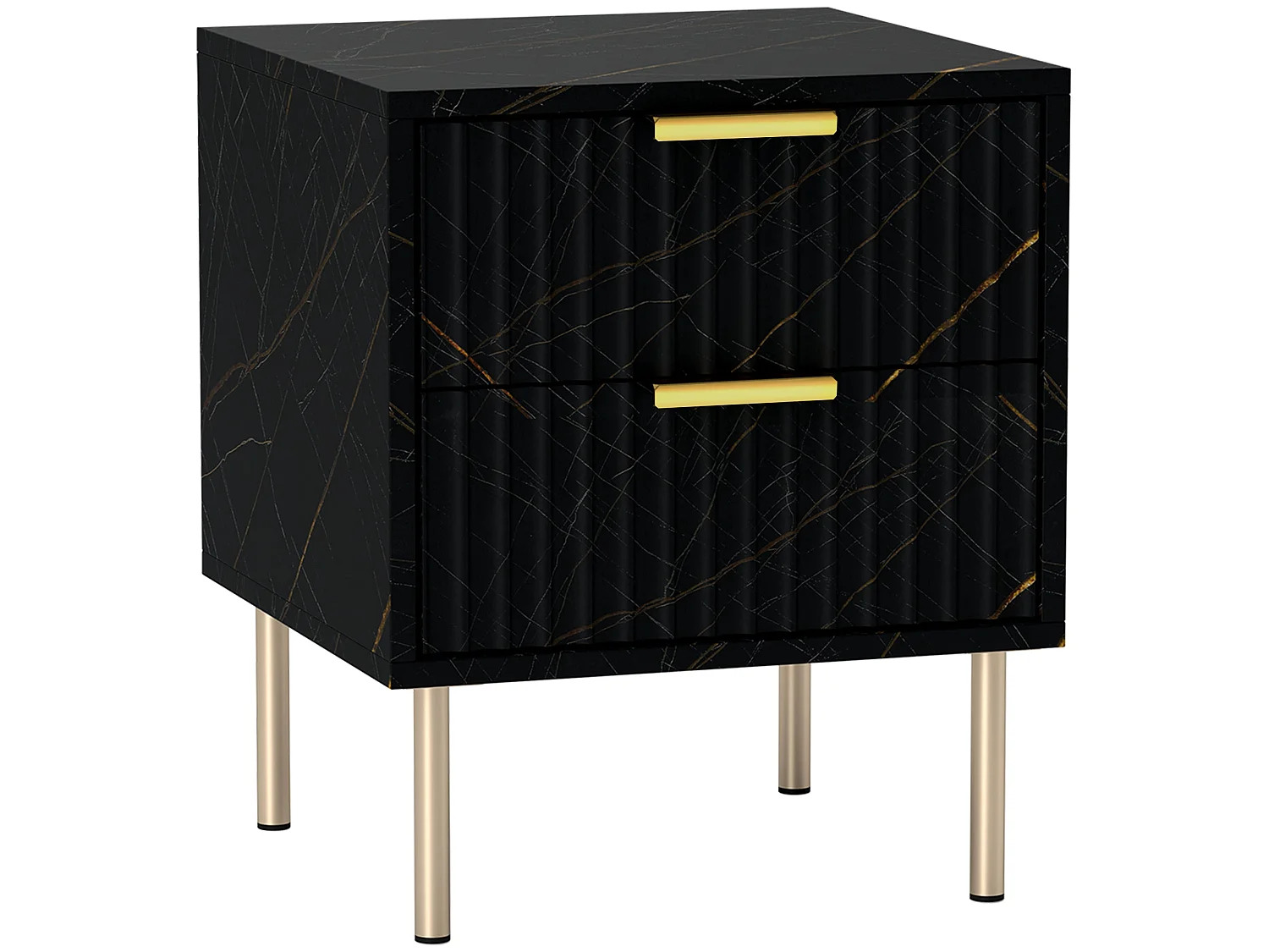Selu Black and Gold Art Deco 2 Drawer Bedside Table Ribbed Design