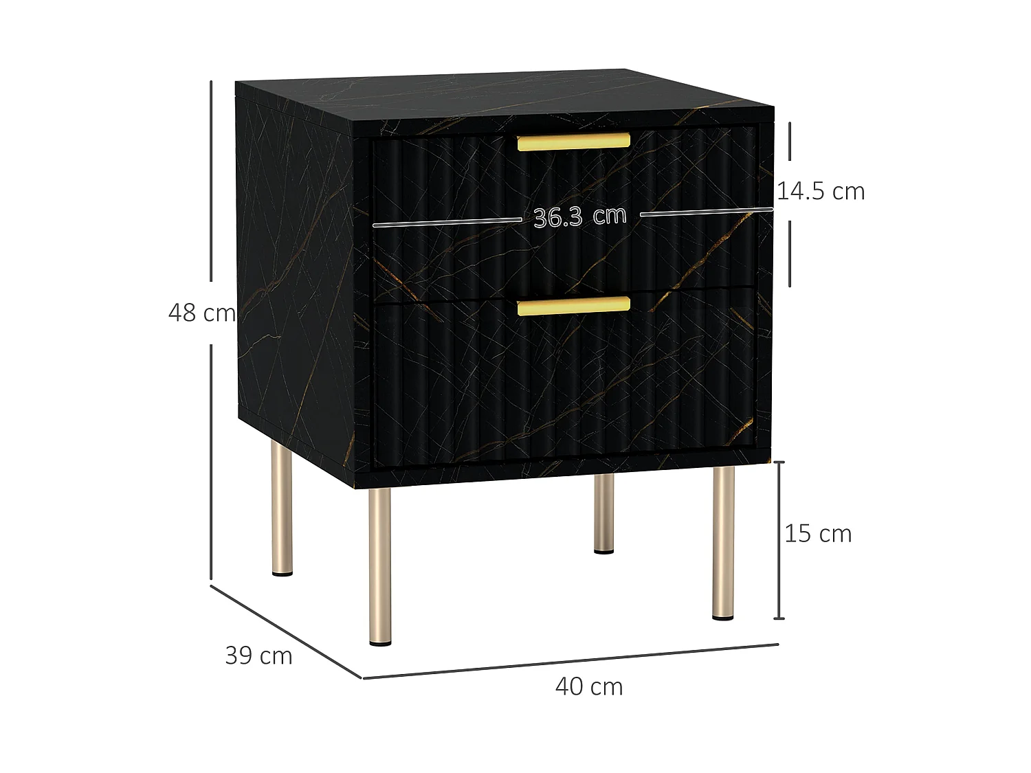 Selu Black and Gold Art Deco 2 Drawer Bedside Table Ribbed Design