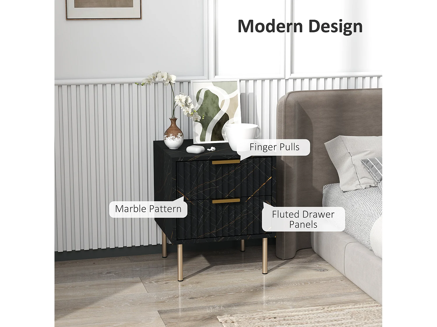 Selu Black and Gold Art Deco 2 Drawer Bedside Table Ribbed Design