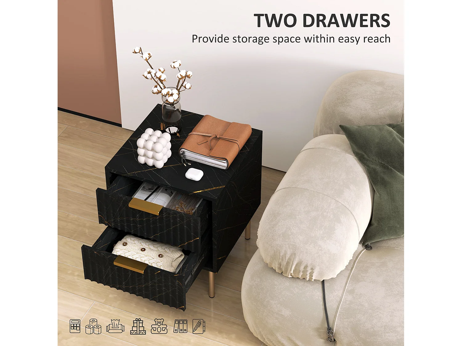 Selu Black and Gold Art Deco 2 Drawer Bedside Table Ribbed Design