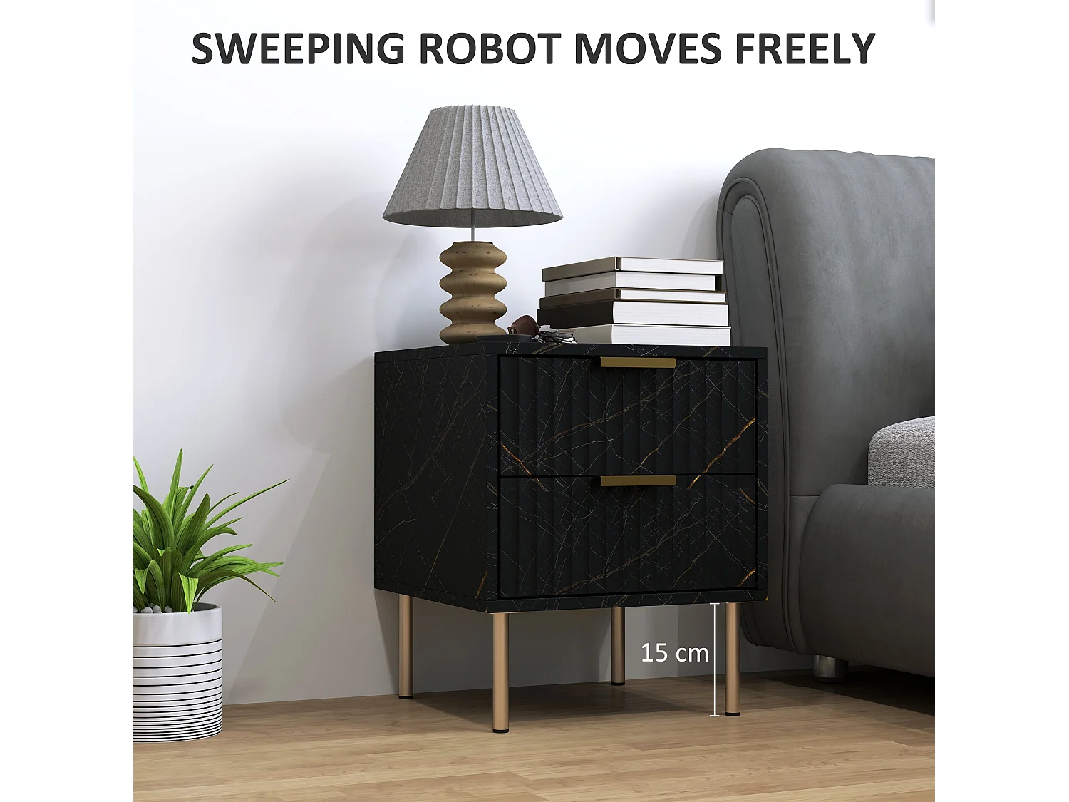 Selu Black and Gold Art Deco 2 Drawer Bedside Table Ribbed Design