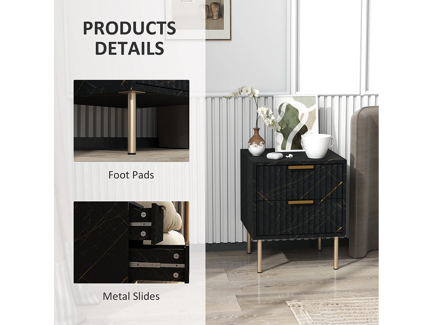 Selu Black and Gold Art Deco 2 Drawer Bedside Table Ribbed Design