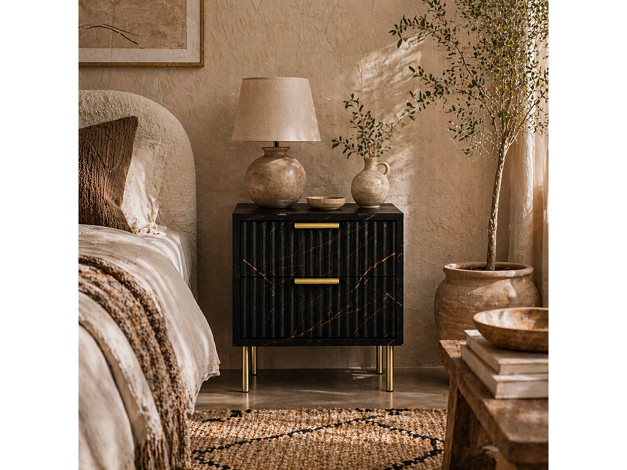 Selu Black and Gold Art Deco 2 Drawer Bedside Table Ribbed Design