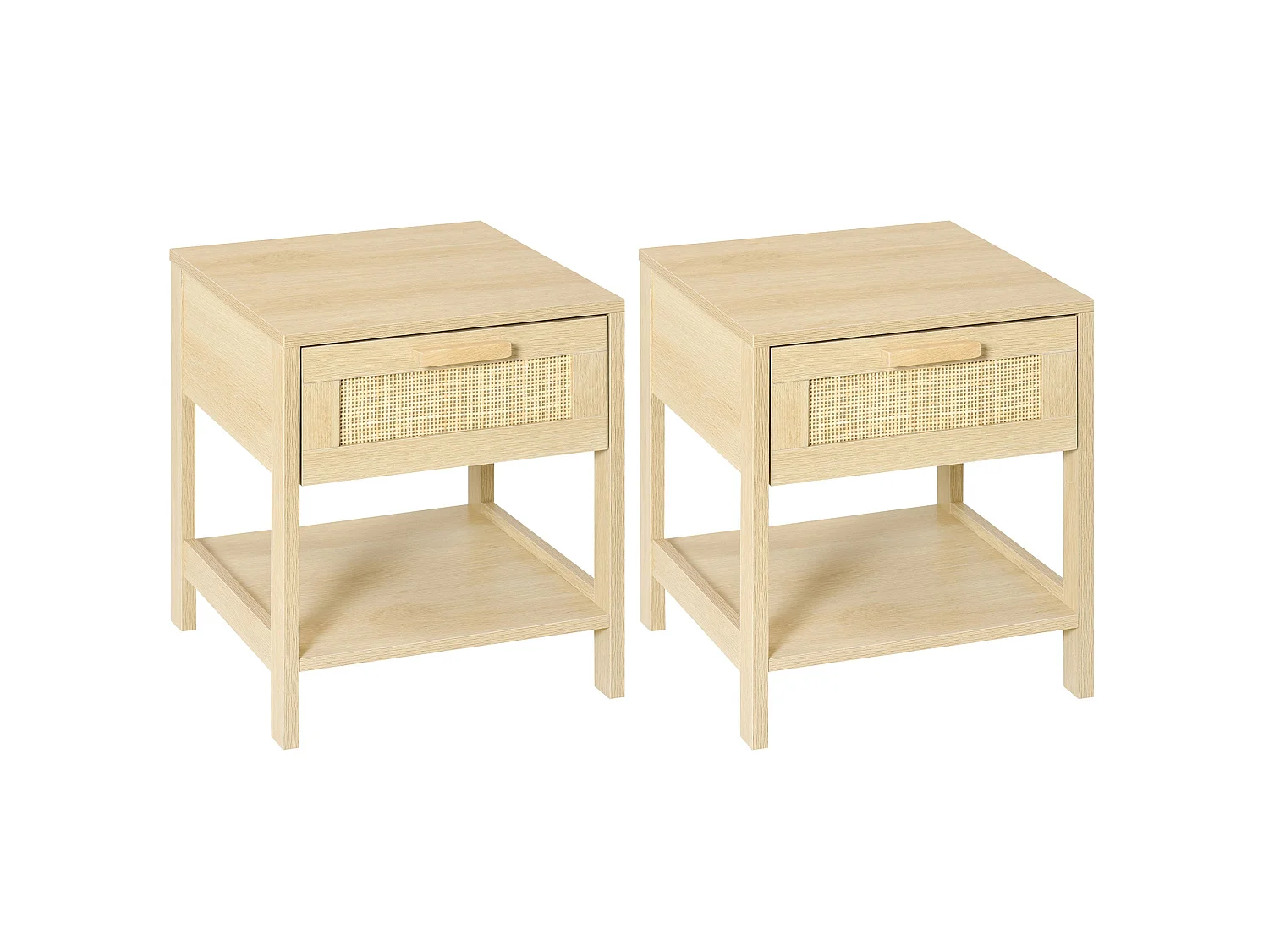 Dilamo Set of 2 Farmhouse Bedside Tables with Rattan Drawer and Open Shelf