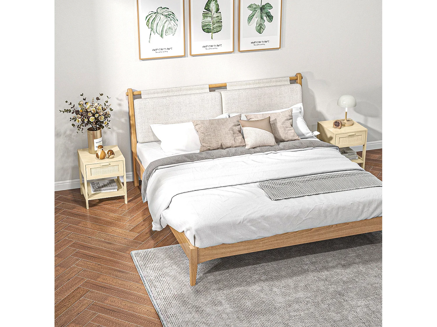 Dilamo Set of 2 Farmhouse Bedside Tables with Rattan Drawer and Open Shelf