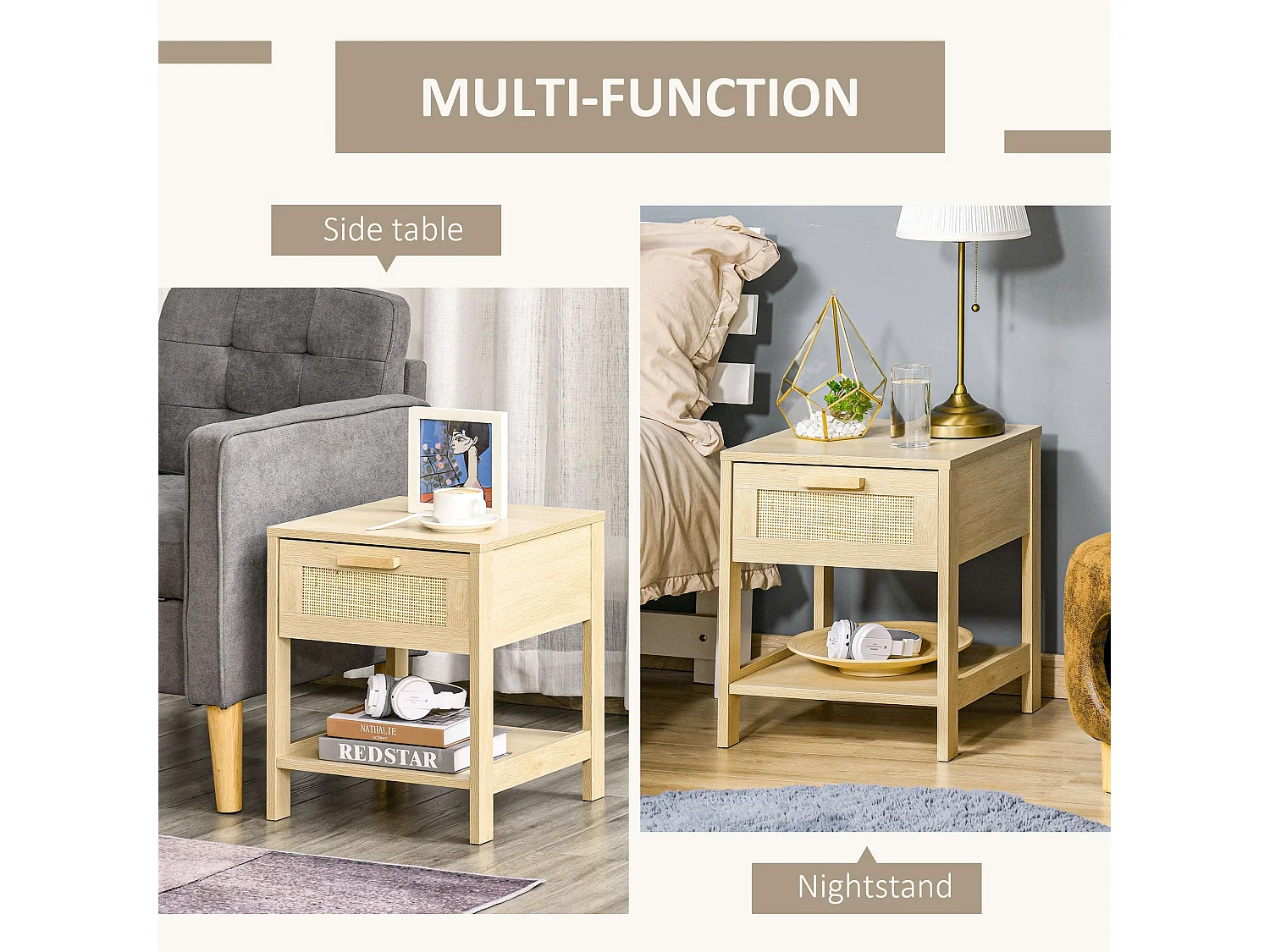 Dilamo Set of 2 Farmhouse Bedside Tables with Rattan Drawer and Open Shelf
