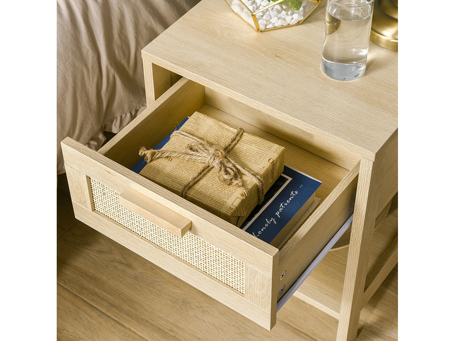 Dilamo Set of 2 Farmhouse Bedside Tables with Rattan Drawer and Open Shelf