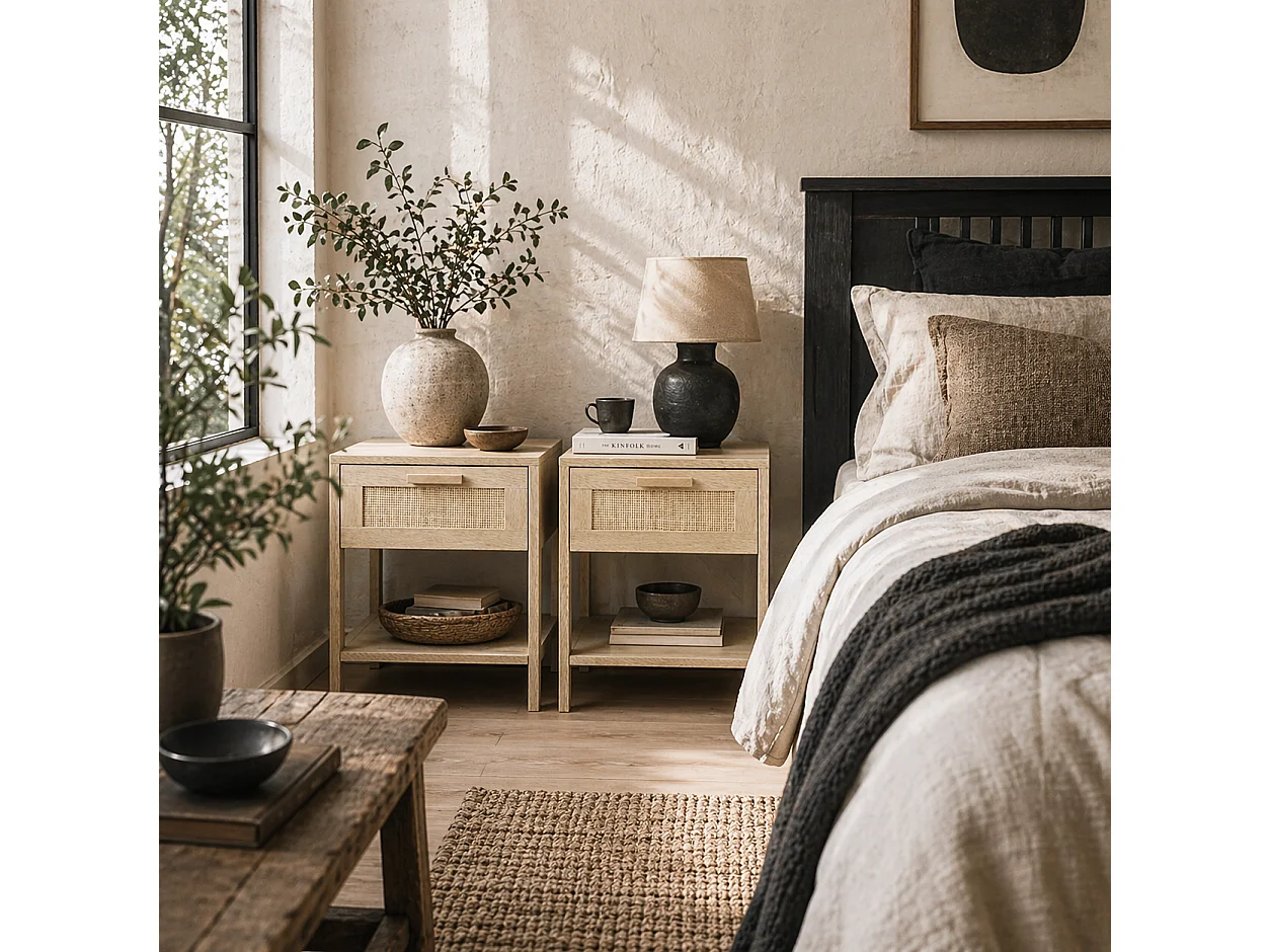 Dilamo Set of 2 Farmhouse Bedside Tables with Rattan Drawer and Open Shelf